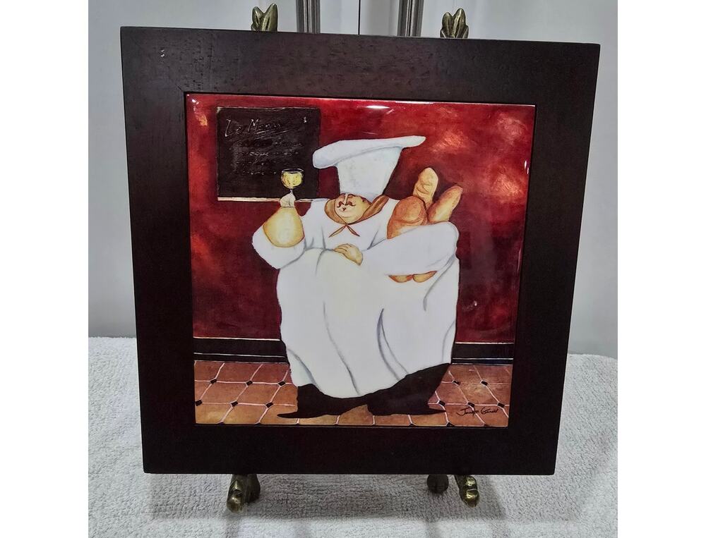 Jennifer Garant Fat Chef wBaguettes Framed Ceramic Tile Trivet Wall Hanging 8x8
